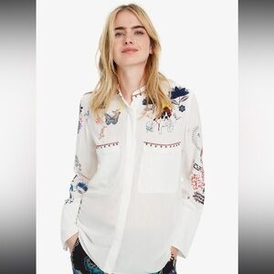Desigual Cam_Xenia blanco Embroidered White Button-Up Shirt